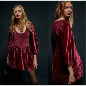 FREE PEOPLE | Farrier Velvet Mini Dress Boysenberry Smocked Puff Sleeve | Small